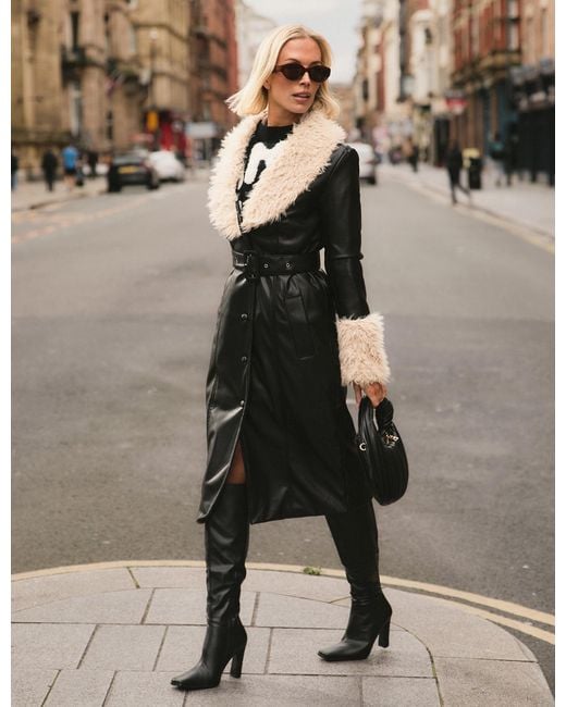 Public Desire Faux Fur Trim Belted Faux Leather Trench Coat Black