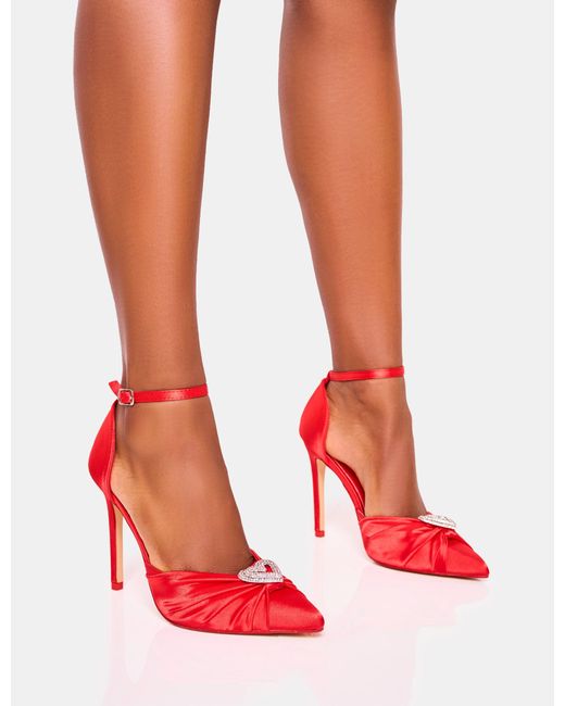Public Desire Meant To Be Red Satin Diamante Heart Court Stiletto Heel