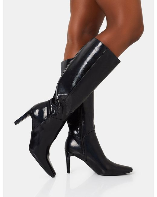 Public Desire Pose Wide Fit Black Textured Zip Up Knee High Slim Block Heeled Boots