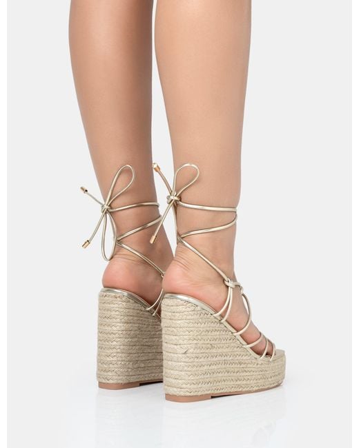 Public Desire Natural Islander Gold Lace Up Square Toe High Heeled Sandal Esparille Wedges