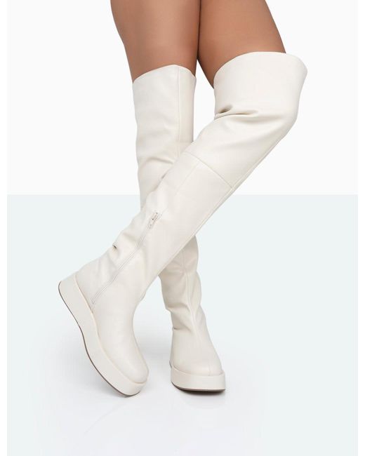 Public Desire White Erica Bone Pu Chunky Platform Sole Over The Knee Boots