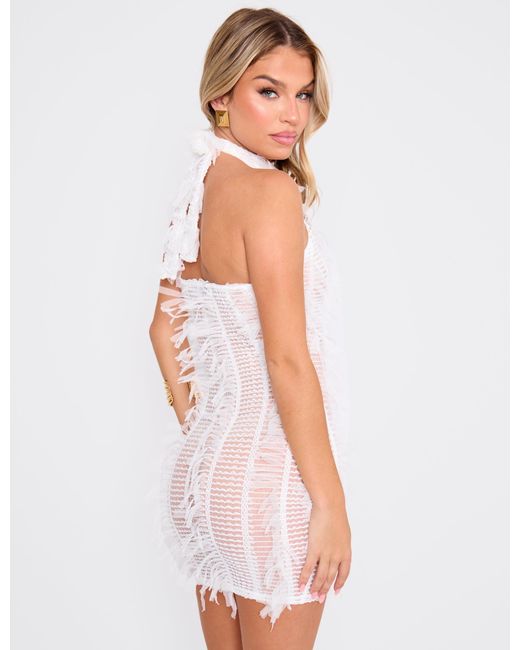Public Desire Purple Feather Detail Key Hole High Neck Mini Dress White