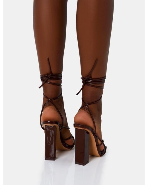 Public Desire Brown Nyla Chocolate Patent Strappy Lace Up Square Toe Block Heels