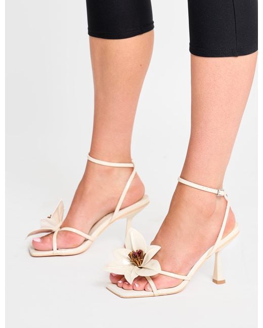 Public Desire Black Hydrangea Stone Patent Flower Barely There Square Toe Mid Heels