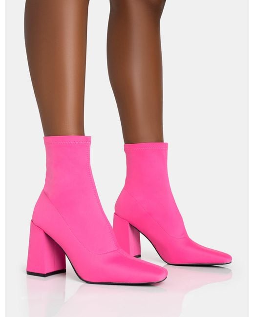 Public Desire Delani Hot Pink Neoprene Rounded Pointed Block Heel Ankle Boots