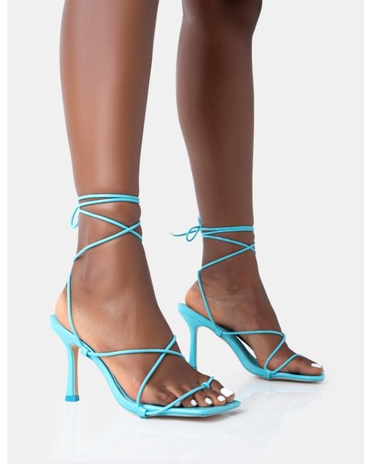 Public Desire Euphoria Baby Blue Patent Square Toe Lace Up Mid Heels