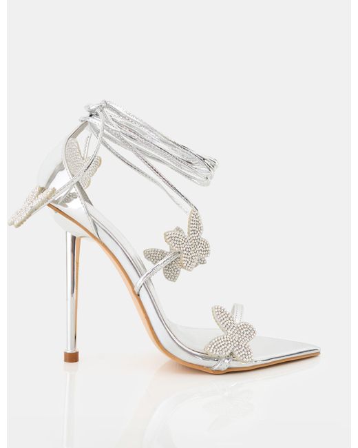 Public Desire White Pageant Queen Silver Mirror Diamante Butterfly Detail Lace Up Pointed Toe High Heels