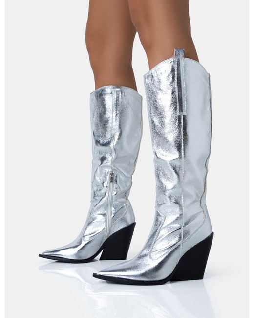 Public Desire Blue Nevada Silver Metallic Western Cowboy Pointed Toe Block Heel Knee High Boots