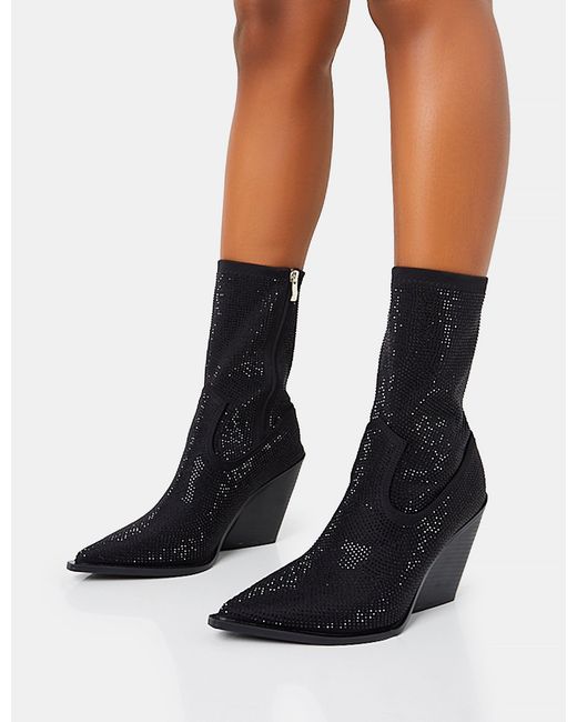 Public Desire White Wild One Black Diamante Western Cowboy Pointed Toe Block Heel Ankle Boots