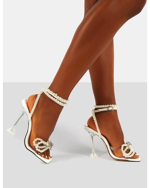 Public Desire Brown Glimmer White Wrap Around Pearl Detail Bow Square Toe Cake Stand Heels