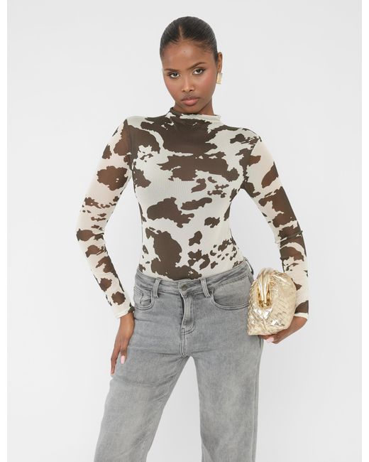 Public Desire Gray Long Sleeve High Neck Bodysuit Cow Print