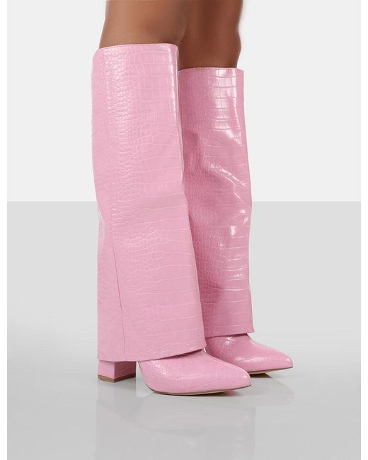 Public Desire Zendaya Pink Croc Pointed Toe Knee High Block Boots