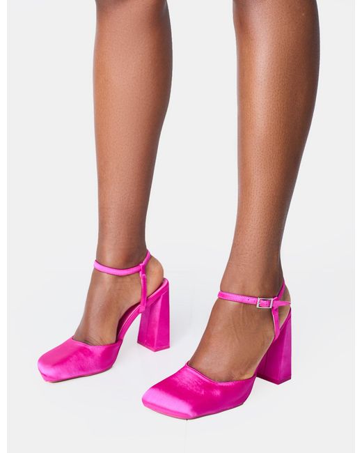 Public Desire Leighton Pink Satin Slant Toe Block Heels