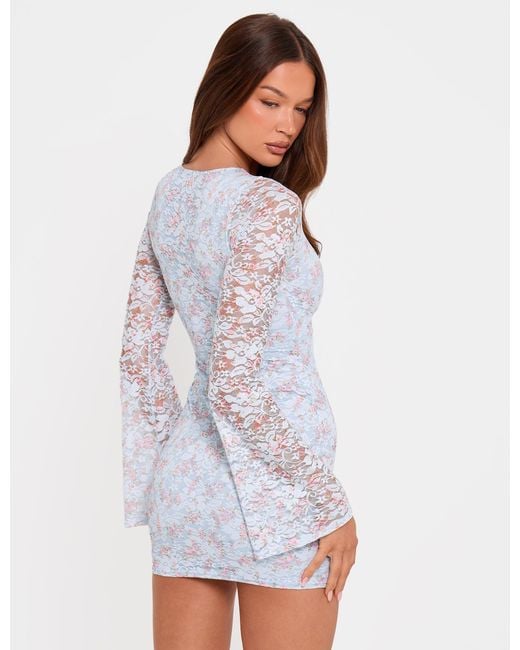 Public Desire White Flared Long Sleeve Floral Lace Mini Dress Blue
