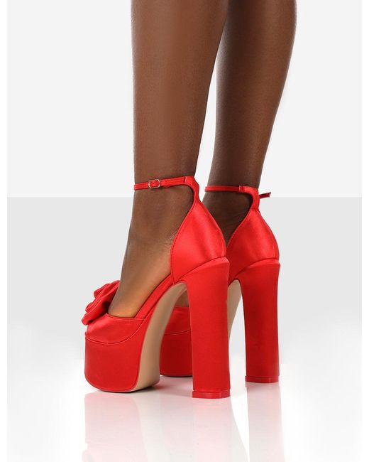 Public Desire Giselle Red Satin High Heel Peep Toe Platform Block Heels