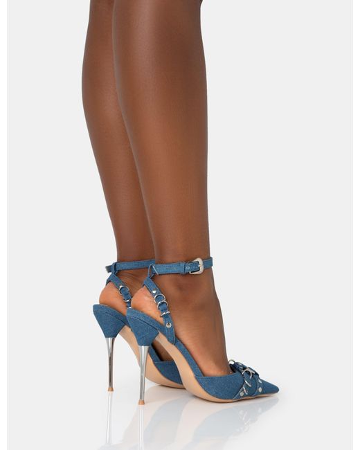 Public Desire Prowl Blue Denim Strappy Metal Detailed Slingback Wrap Around The Ankle Pointed Court Stiletto Heels