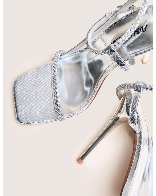 Public Desire Natural Last Night Silver Snake Pu Diamante Strap Stiletto High Heels
