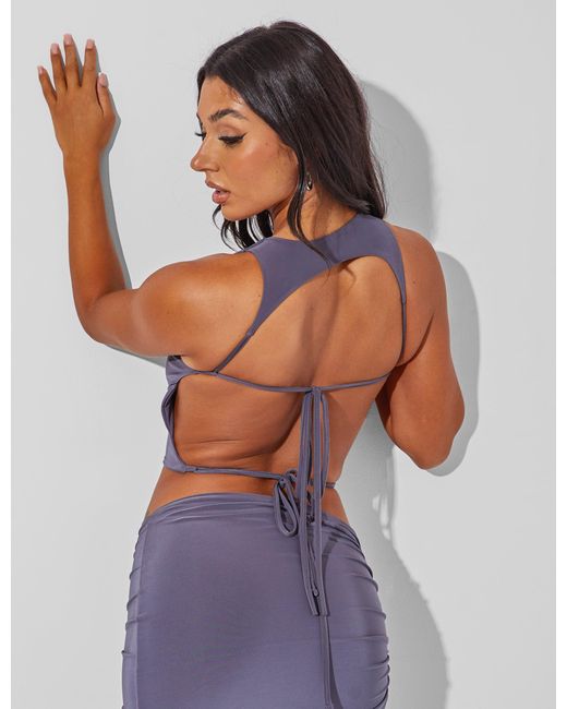 Public Desire Purple Slinky Open Back Tie Detail Crop Top Charcoal Grey