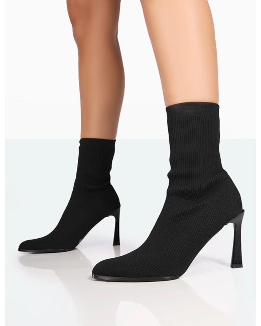 Public Desire Farah Black Knitted Pointed Toe Stiletto Heel Ankle Sock Boots