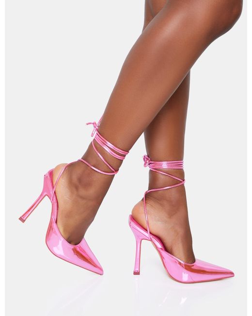 Public Desire Verity Pink Metallic Pu Slingback Lace Up Pointed Court Stiletto Heels
