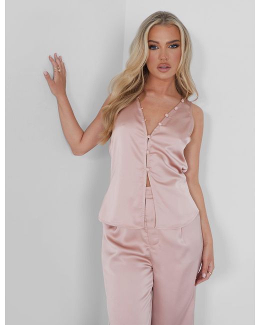 Public Desire Button Detail Satin Waistcoat Top Pink