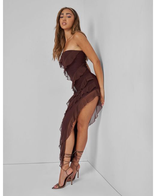 Public Desire Frill Detail Asymmetric Midaxi Dress Brown