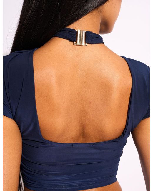 Public Desire Blue Mesh Sleeve Detail Top Co Ord Navy
