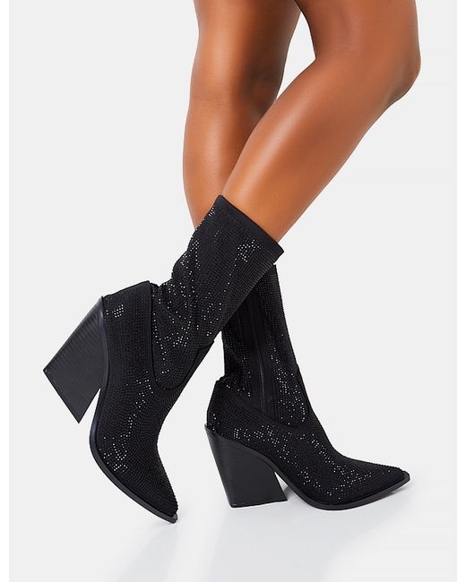 Public Desire White Wild One Black Diamante Western Cowboy Pointed Toe Block Heel Ankle Boots