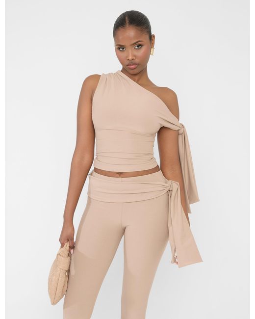 Public Desire Natural Knot Detail Asymmetric One Shoulder Luxe Slinky Top Latte