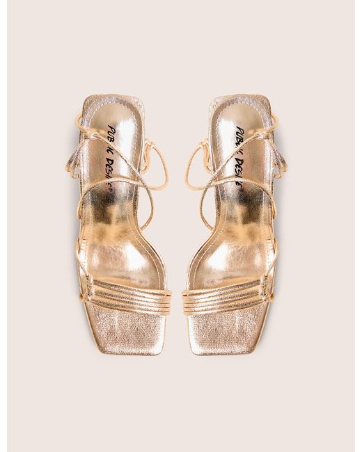 Public Desire White Taryn Gold Knotted Upper Block Heel Sandals