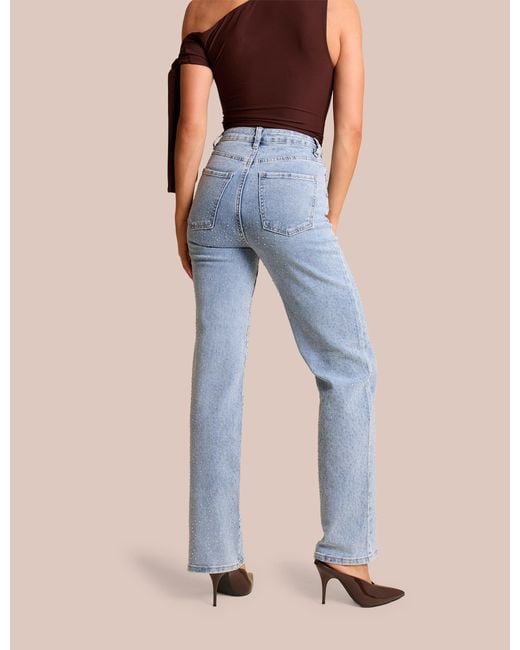 Public Desire Clear Diamante Straight Fit High Rise Denim Blue Jeans