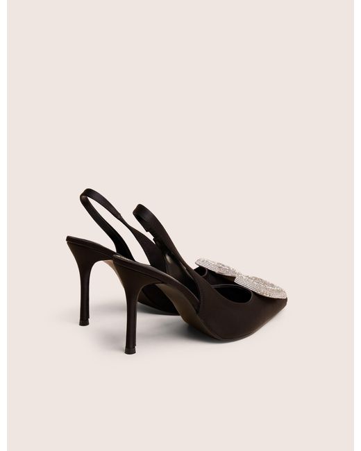 Public Desire White Floss Black Satin Diamante Embellished Sling Back Court Heels