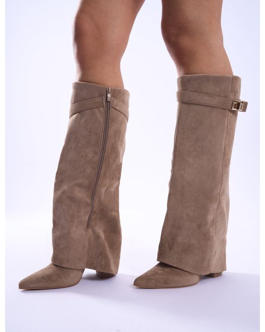 Public Desire Brown Say Yes Beige Faux Suede Padlock Fold Over Knee High Boots