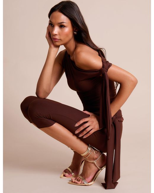 Public Desire Red Knot Detail Tie Side Luxe Slinky Capri Pants Chocolate