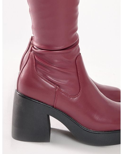 Public Desire Sensored Burgundy Chunky Sole Sock Over The Knee Boots