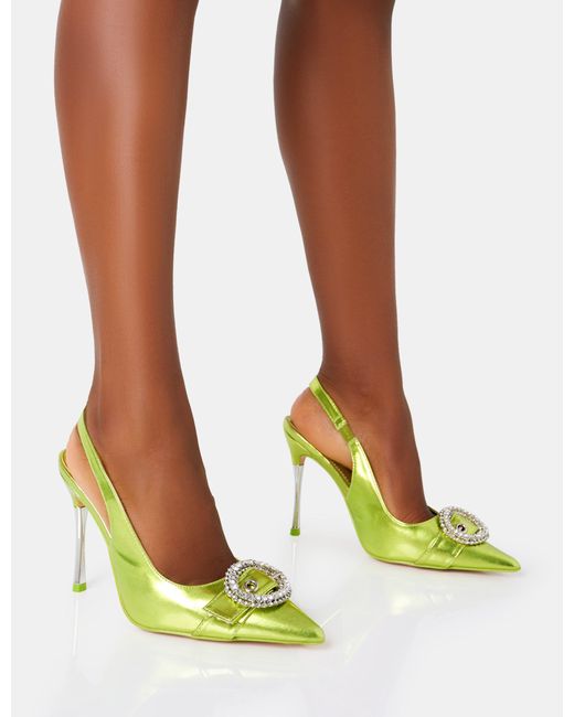 Public Desire Green Confession Lime Metalic Denim Diamante Buckle Broach Detail Slingback Pointed Court Stiletto High Heels