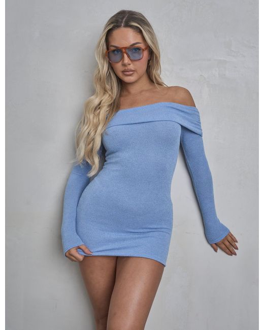 Public Desire Long Sleeve Off The Shoulder Bardot Mini Dress Blue