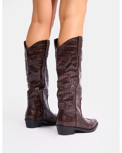 Public Desire Multicolor Apollo Brown Croc Flat Western Knee High Boots