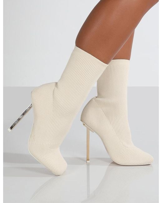 Public Desire Independent Ecru Pu Open Toe Zip Up Stiletto Ankle Boots in  White
