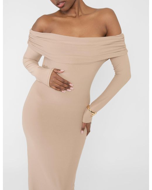 Public Desire Gray Bardot Luxe Slinky Maxi Dress Latte