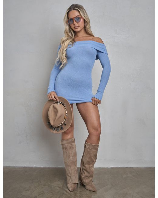 Public Desire Long Sleeve Off The Shoulder Bardot Mini Dress Blue