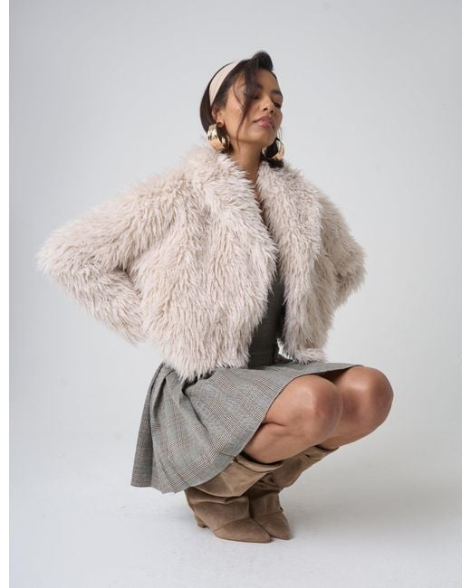 Public Desire Gray Cropped Shaggy Faux Fur Jacket Beige