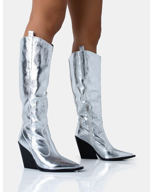 Public Desire Blue Nevada Silver Metallic Western Cowboy Pointed Toe Block Heel Knee High Boots