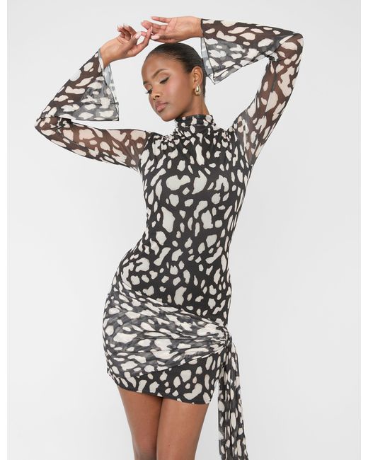 Public Desire White Mesh Knot Detail High Neck Mini Dress Animal Print