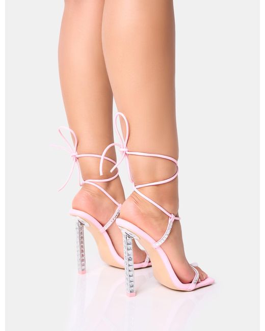 Public Desire Babe Baby Pink Pu Lace Up Strappy Square Toe Barley There Thin Block High Heels