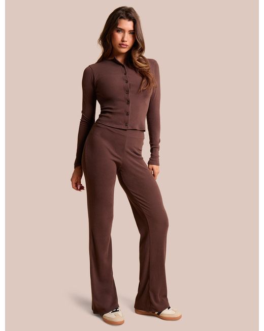 Public Desire Natural High Waist Rib Wide Leg Trouser Chocolate