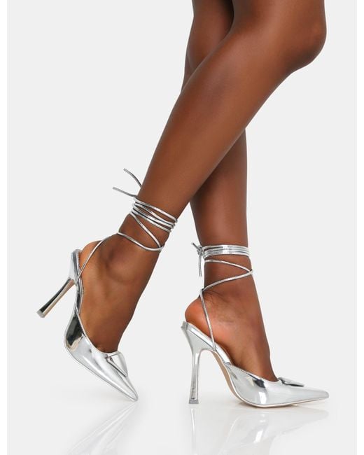 Silver Point Toe Block Heel Strappy Sandal | PrettyLittleThing QA