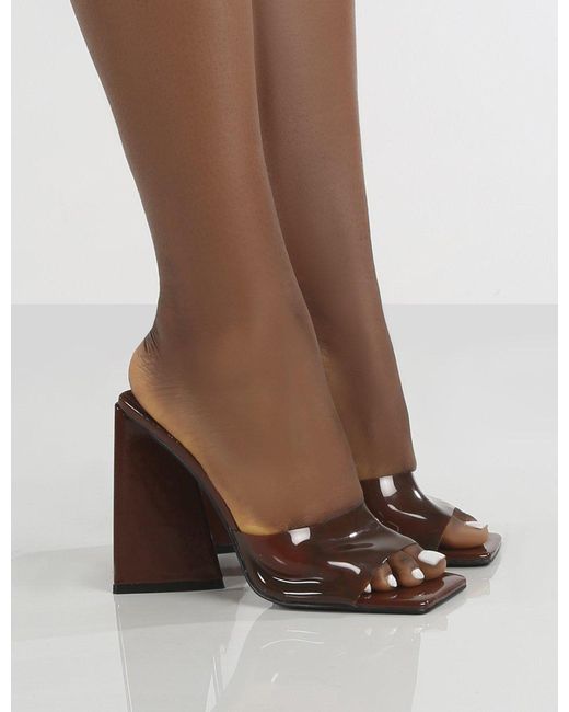 Public Desire Tammi Chocolate Square Toe Pyramid Heeled Mule in Brown | Lyst