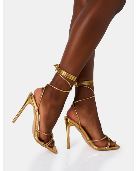 Duet Wide Fit Gold Knot Strappy Lace Up Square Toe Mid Heels