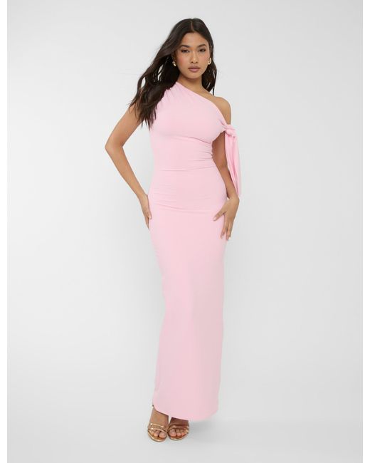 Public Desire Knot Detail Asymmetric One Shoulder Luxe Slinky Maxi Dress Soft Pink